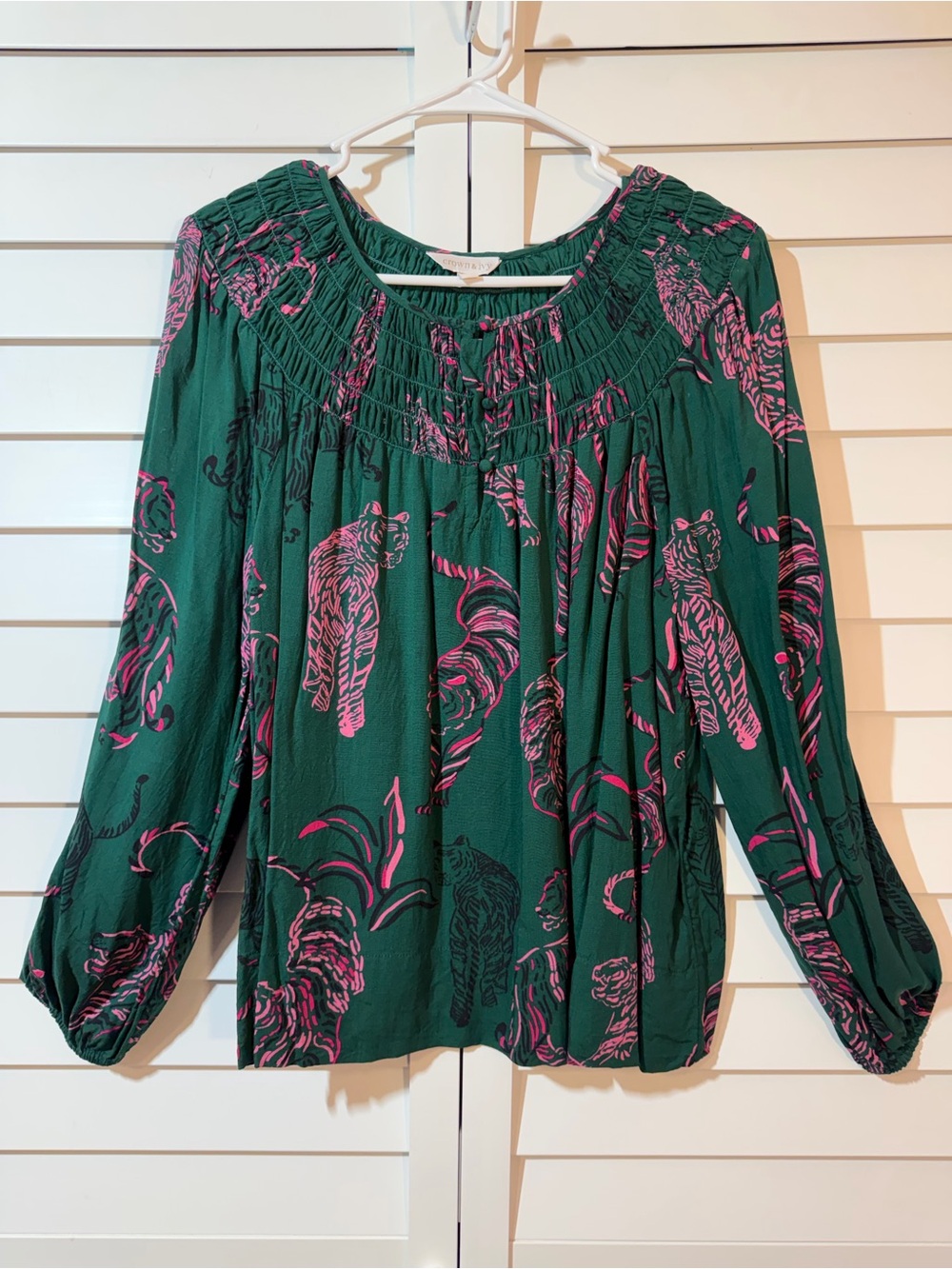 crown & ivy Emerald Green Blouse with Hot Pink Tiger Print